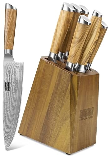 HOSHANHO Damascus Kitchen Knife Set with Block, 7 Pieces Professional VG-10 Damascus Super Steel Cooking Knife Set with Ergonomic Handle
