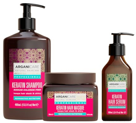 ARGANICARE Coffret Kératine Shampooing 400 ml + Masque 500 ml + Sérum 100 ml – Régénération intensive, aide à prévenir les pointes fourchues, cheveux doux et brillants, fabriqué en France