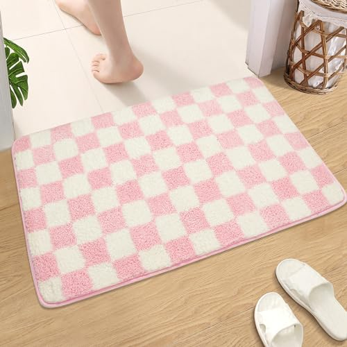 Karierte Badematte Badezimmerteppiche Marokkanischer Schachbrettteppich Anti-Rutsch Doormat Badeteppich Weiche Mikrofaser-Maschine Waschbare Fußmatten für Wanne (pink, 50x80cm)