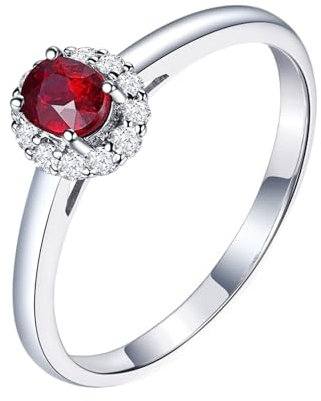 Verlobungsring Damen Klassisch, Gold Ringe Frauen 18 Karat Weißgold Blume Lab Rubin 0.36CT Rot Ovalschliff VVS mit Diamant Weiß Größe 49 (15.6)