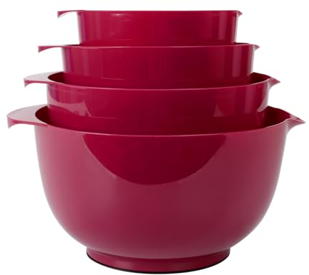 BoxedHome Deep Carmine Nesting Plastic Mixing Bowl Set with Pour Spout, Microwave and Dishwasher Safe, BPA Free Non-Slip Base, Set of 4 Size 1.7, 2.5, 3.5 and 4.5qt, Great for Prepping, Baking
