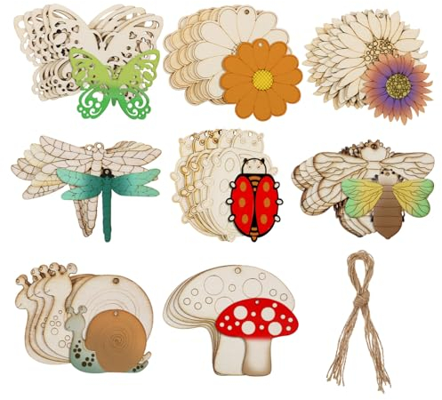 Ciieeo 40 Stück Unvollendete Holzanhänger Blumen Und Insekten Ideales Bastelmaterial Zum Bemalen Kreative Holzformen Für Diy-Projekte Inklusive Juteseile Für Dekoration