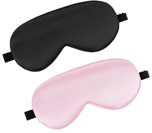 2 Stück Schlafmaske Frauen, Seiden Augenmaske mit Verstellbares Gummiband Lichtblockierende Nachtmaske Hautfreundlich Seitenschläfer Schlafbrille für Reisen Zuhause Hotel Zug Herren(Schwarz & Rosa)