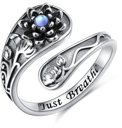 Just Breathe Lotus Moonstone Ring for Women Girls 925 Sterling Silver Oxidation Flower Spoon Rings for Anxiety Stress Relieving Yoga Gifts Adjustable Size Inspirational Band Ring