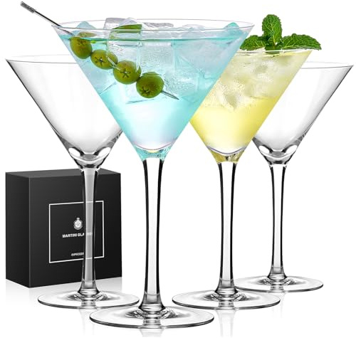 Qipecedm Martini-Gläser, 4er-Set, 266 ml, Kristall-Cocktailgläser, mundgeblasene Kristall-Martini-Gläser für Espresso, Martini, Cosmopolitan, Gimlet, Hausbar, Party, Martini-Glaswaren, Geschenk-Set