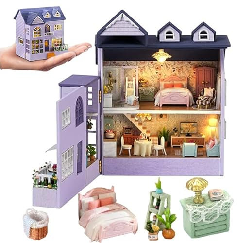 Puppenhaus Miniatur DIY Haus Kit, Raummodell kann Türen öffnen hölzerne romantische Burg Tiny House, kreative Zimmer mit Möbeln und LED-Licht für Geburtstag Geschenk (Glückliches Haus)