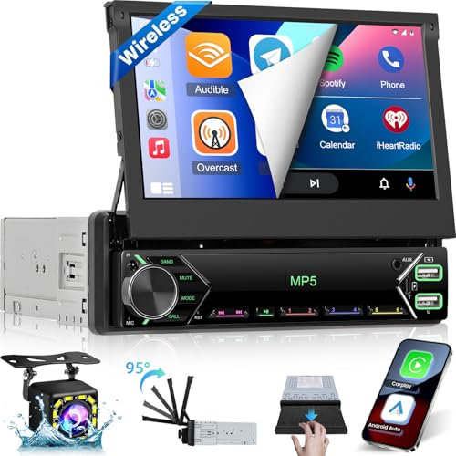 NHOPEEW Radio de Coche retráctil de 1 DIN 7 Pulgadas con Android Auto Carplay inalámbrico - Radio de Coche Compatible con Mirror Link FM Steerl Wheel Control + cámara de Seguridad y micrófono