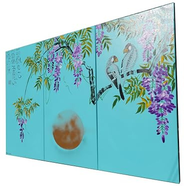 Japanische Vögel J295 von der Künstlerin Ksavera - Großes Triptychon in Gold und Turkis, originale Acrylbilder im japanischen Stil