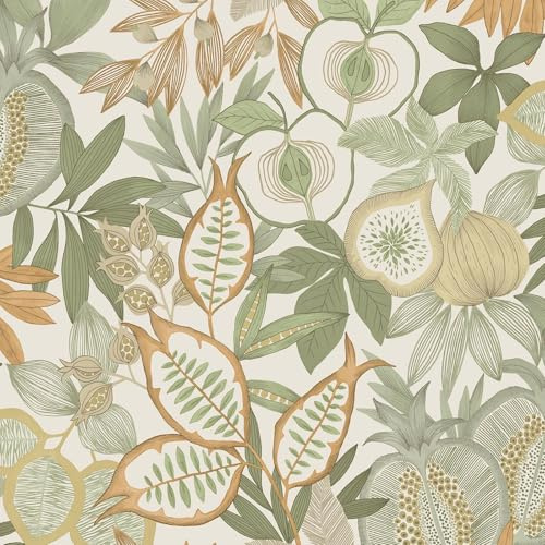 Exotic Tropical Fruits Pomegranate, Fig, Apple Vibrant Fruit Themed Wallpaper Perfect for Livin Rooms, Hallways, Restrooms or Bedrooms for a Modern Look Green/Cream Holden 13850