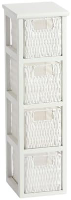 Home Source Bathroom Chest of Drawers, 4 White PE Rattan Storage Baskets, Painted Wooden Frame, 67cm