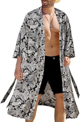 COOFANDY Herren Kimono-Bademantel, leichtes Design, Japanischer Bademantel mit schmalem Gürtel Lange Strickjacke, Schwarz
