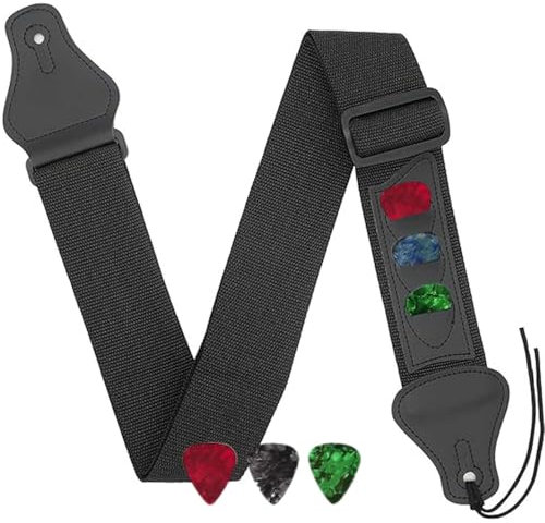 Aestustheri Adjustable woven guitar strap with leather ends and 3 pick storage pockets - includes 3 guitar picks - suitable for bass, electric and acoustic guitars (black)