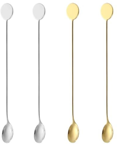 OULIGET Cuchara mezcladora de café de acero inoxidable, cuchara mezcladora de cóctel de mango largo, cucharas de metal portátiles para bebidas, 4 piezas, dos doradas y dos plateadas.