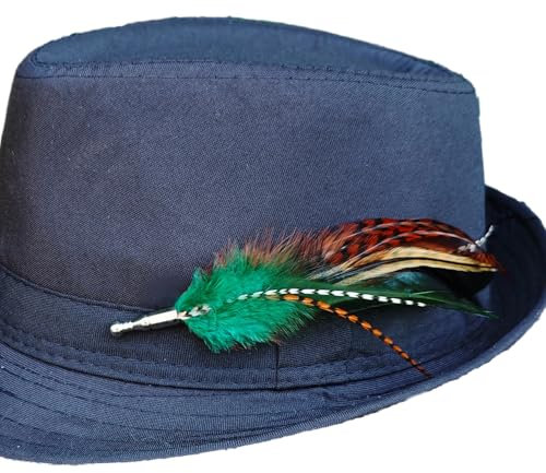 Handgefertigte Hutfeder zum Anstecken – Federbrosche für Hüte – Echter Feder Anstecker – Hutschmuck Accessoire – Boho Federn mit Anstecknadel, Grün Braun 14-16 cm