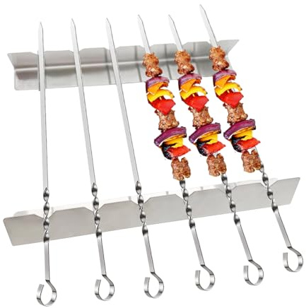 APKOL Brochetas acero inoxidable para barbacoa,6 Piezas brochetas 35 cm con Soporte,para uso doméstico,camping, Fiesta,para asar carne,verduras,Malvavisco