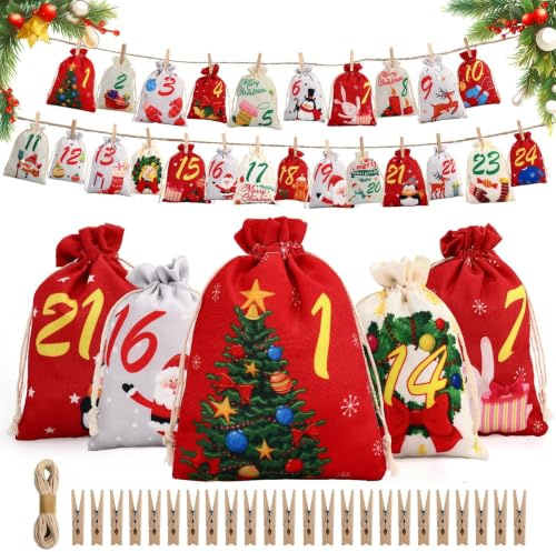 Omtofo 24 Stück Adventskalender Zum BefüLlen 2025, Weihnachtskalender Zum BefüLlen Groß Säckchen 13x18cm, 10x15cm, Leinwand Selbstgemachter Adventskalender Geschenktüten mit Clips Hanfseil