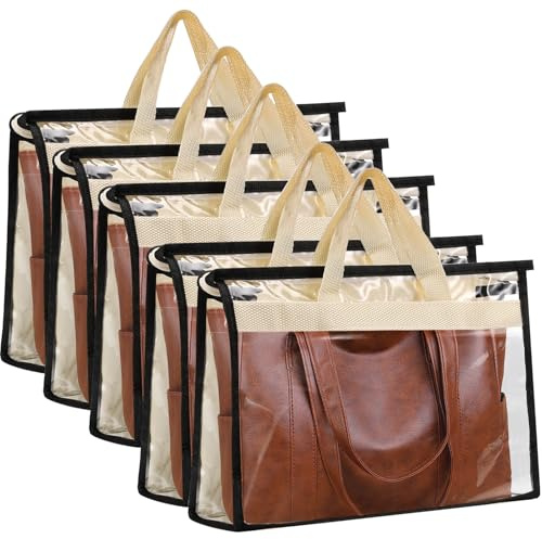 Incisite 5 Pack Dust Bags for Handbags, 38 X 18 X 28 Cm, Medium, Beige | Purse Dust Bags with Zipper and Handle, Clear Anti-dust Purse Storage Bag for Closet Hanging Storage