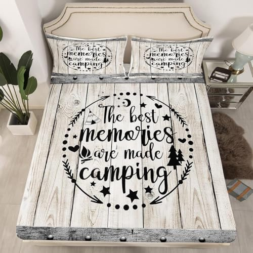 Camping-Abenteuerbett, tiefe Taschen, King-Size-Bett, Wohnmobil, Anhänger, Spannbetttuch für Jugendliche, Erwachsene, Retro-Holzdielen, rustikales Bauernhaus-Bettbezug, 3-teilig, 2 Kissenbezüge, kein