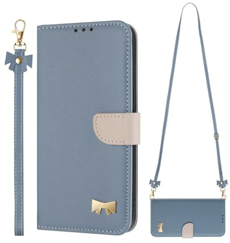 SLWYF Handyhülle für iPhone XS/iPhone X Hülle Premium Lederhülle Klappbar mit Kette Abnehmbar zum Umhängen Kordel Schutzhülle Kompatibel mit iPhone XS/iPhone X, Hellblau