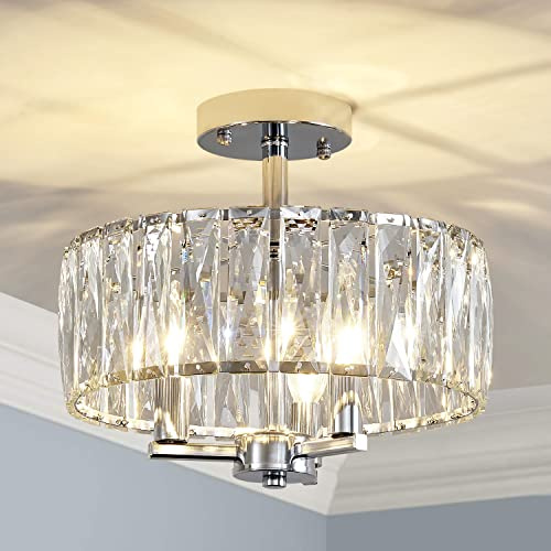 Saint Mossi K9 Crystal Semi Flush Mount Ceiling Light Fixture, Modern Style, Close to Ceiling, E14 Base 3-Lights, D30cm x H18cm, Chrome Finish