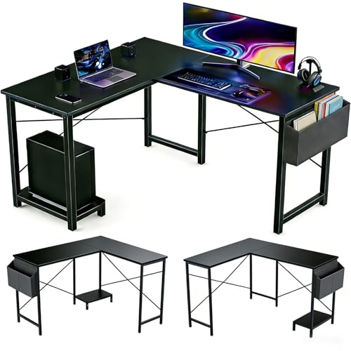 Sagenest L-förmiger Schreibtisch, 127,7 cm, wendbarer Computertisch, Eck-Gaming-Tisch mit CPU-Ständer und Aufbewahrungstasche, stabiler Metallrahmen, PC-Arbeitsplatz für Home Office