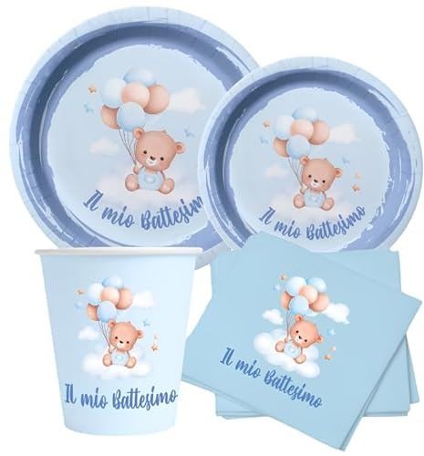 Set Tavola Battesimo bambino Celeste (48 pezzi: 12 Piatti 23cm, 12 Piatti 18cm, 12 tovaglioli, 12 bicchieri)