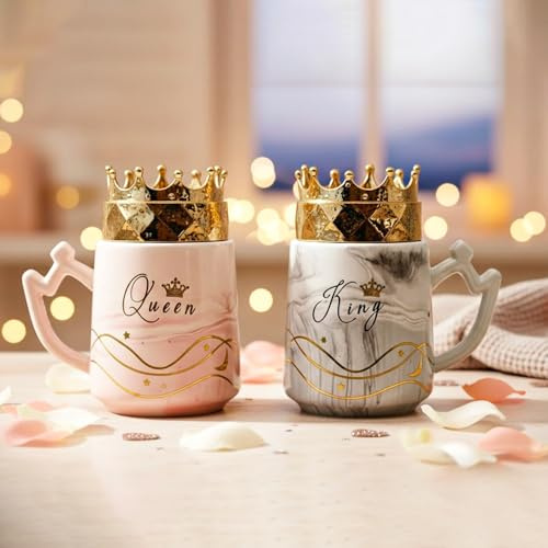 BMLIMITED BML King & Queen Ceramic Mug Set with Crown Lid Design Coffee Tea Cups for Couples Wedding Anniversary Valentine Gift