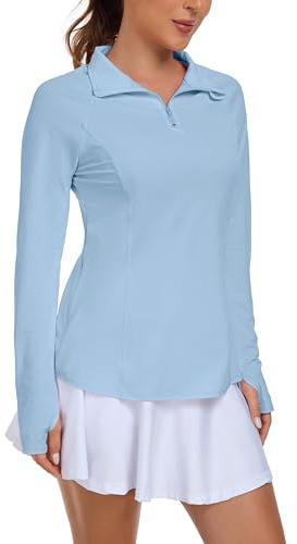 IWOLLENCE Running Top Womens UPF 50+ UV Loose Fit Ladies Golf Sports Tops Workout Gym Clothes Long Sleeve Rash Vest 1/4 Zip Activewear with Thumb Holes and Right Side Pocket (Light Blue, M)