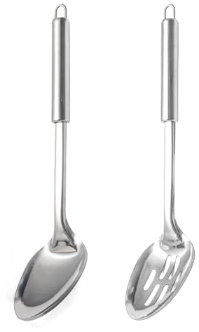 2 Pcs Cooking Spoons Set, Serving Spoons Large, Stainless Steel Oval Handled, Cooking Kitchen Utensi, Dishwasher Safe for Stirring Soups, Sauces or Stews, Home, Restaurant (Silver)