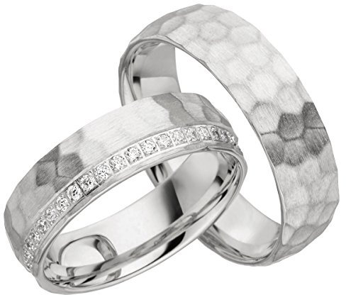 2x 585 Gold Eheringe Partnerringe Trauringe Hochzeitsringe in Weißgold gehämmert*mit Gravur und Steinen* JC017