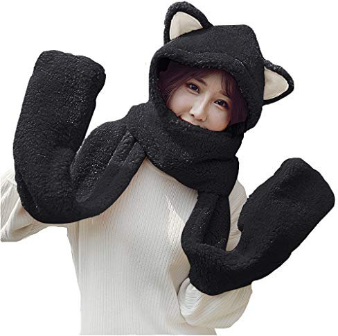 YJZQ Damen Winter Fellmütze Kapuzenschal Plüsch Tiermütze 3 in 1 Schalmütze Ohren mit Handschuhe Warm Wintermütze Kunstfell