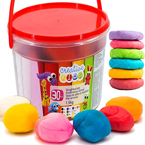 GEEZY Giant Dough Bucket - Non Toxic Plasticine Modelling Clay For Kids - 30 Pieces, 10 Colours, 1.5 Kg Crafting Dough Tub - Coloured Clay Plasticine For Kids' Arts And Crafts