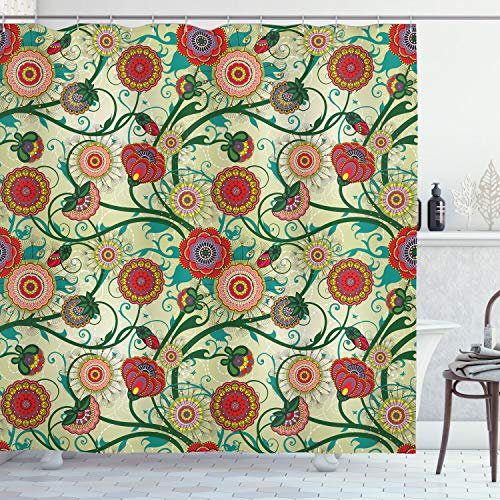 ABAKUHAUS Blumen Duschvorhang, Oriental Inspirations, Stoffliches Gewebe Badezimmerdekorationsset mit Haken, 175 x 220 cm, Rot Grün