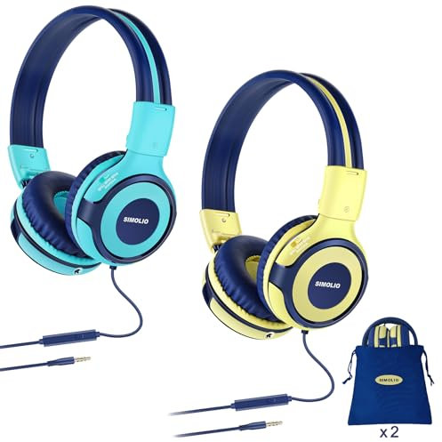 2 Pack of SIMOLIO Foldable Kids Headphone with Mic & 75dB, 85dB, 94dB Volume Limited, Children Headphones for Girls,Boys,On-Ear Kids Headsets for School,Travel(Mint,Yellow)