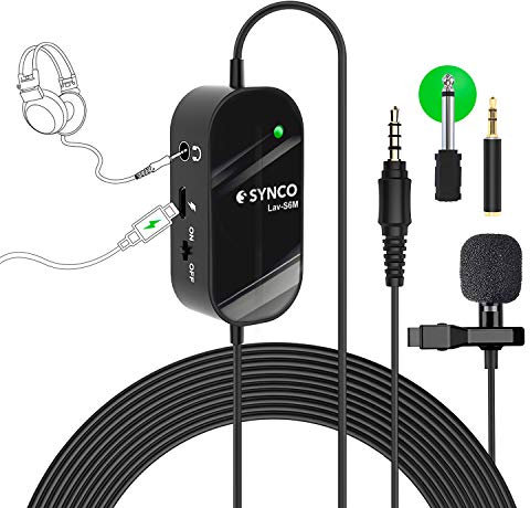 SYNCO Lavalier Microphone S6M, 3.5mm Audio-Monitor Port Clip-on Condenser Mic Support USB Charging, 6M/19.7 FT Cable Noise Reduction for YouTube, Interview, Conference, Live Broadcast