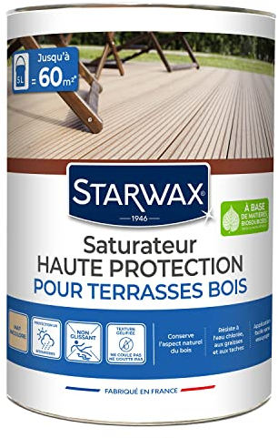 STARWAX - Saturateur Haute Protection -Pour Terrasses et Bois Extérieurs Incolore -Protège et Nourrit - Préserve l'Aspect Naturel du Bois- Huile de Tung - Sans Solvant -Fabriqué en France - 5L - 60m²