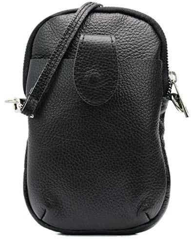 SH Leder Damen Umhängetasche Handytasche Multifunktion Geldbörse Beutel aus Echtleder Verstellbar Schultergurt Handy bis 7 Zoll 20x14cm Rose G345 (Schwarz)