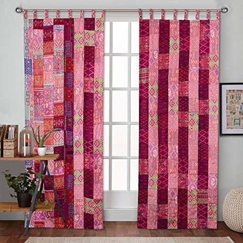 2 Pcs Set Indian Vintage Old Silk Sari Fabric Patchwork Handmade Door Window Rod Pocket Home Decor Panel Curtain Set (Pink Patch, 84x42 Each Panel)