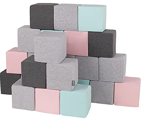 KiddyMoon Schaumstoff Würfel 14 cm Weiche Blöcke 24 Stücke Für Kinder Softbausteine UE, Blöcke: Hellgrau-Dunkelgrau-Pink-Mint