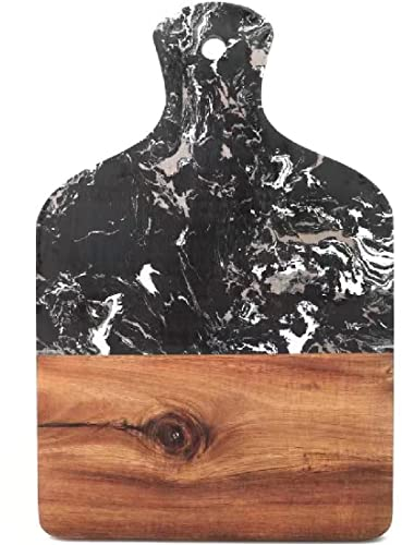 Azauvc Tabla de cortar con mármol y madera natural, tabla de servir para carne de frutas con mango, tabla de cortar para pan (negro)