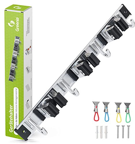 GREENIA Gerätehalter - 4 Haken & 3 Halter (verschiebbar) - erweiterbare Edelstahlschiene - ideal als Gartengerätehalter oder Besenhalterung Wand - Inkl. Handtuch Clips, 44 x 4 x 5, Schwarz