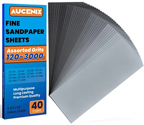 Aucenix 40PCS Sandpaper, 120 to 3000 Mixed Grits Assorted Sanding Paper Pack for Wood, Fine & Coarse Wet & Dry Waterproof Abrasive Paper Sheets for Walls, Metal Plastic, Furniture Finishing, Polishing