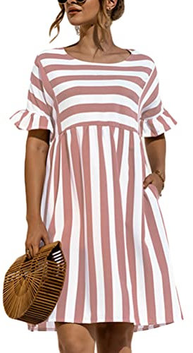 Minetom Femme Été Robe de Plage Casual Robes Manche Courte Lâche Rayure Tunique Mini Robe de Party Vacances D Rose XXL
