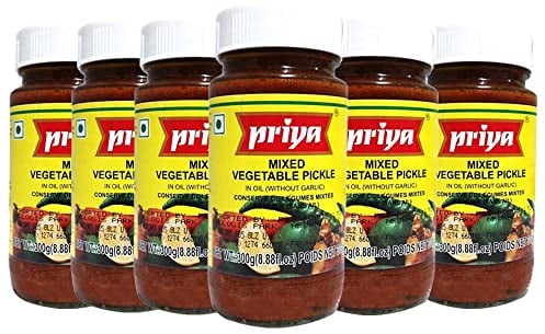 Priya Mixed Vegetable Pickle | Indian Authentic Pickle | with Great Flavor | Spicy & Sour | Vegan | Eaten with Indian Dinner Or with Indian Breakfast | 300g (Pack of 6)