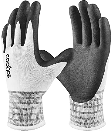 COOLJOB Arbeitshandschuhe, 10 Paar nitrilbeschichtete Arbeitshandschuhe mit Power Grip, Gartenhandschuhe mit recyceltem Polyester, Weiß & Schwarz, Größe L