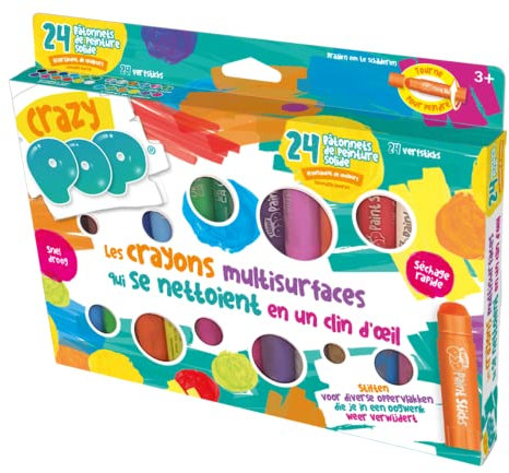 CRAZY POP - Crayons Multisurfaces - Parfaits pour Colorier, Décorer et Personnaliser - Séchage rapide - Ne tachent pas - Prise en main facile - Facile à Nettoyer - Lot de 24