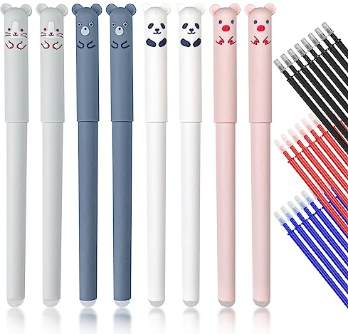 Relota 8 stück Radierbarer Kugelschreiber, Erasable Pen Set mit 24 Nachfüllungen Gelschreiber Radierbar 0.35mm, Löschbarer Gelstift Cartoon Niedliche Gel Ink Pen für Kinder und Erwachsene