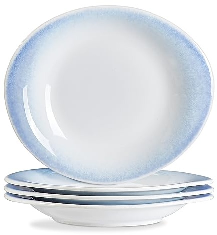 ONEMORE 8 inch Salad Plates, Ceramic Dinner Plates Modern Curve Oval Plate Set of 4 for Appetizer Dessert Pasta Pizza | Scratch Resistant, Dishwasher, Microwave, Oven Safe - Gradient Blue