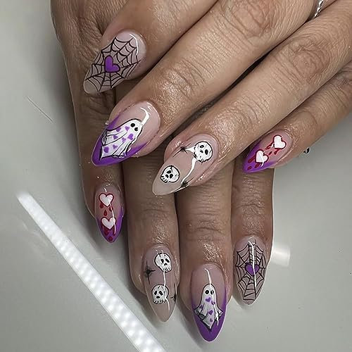 Carufin 24 PCS araignée coeur rouge crâne visage faux ongles Halloween moyen long serpent et scorpion faux ongles pressés sur faux ongles (D)