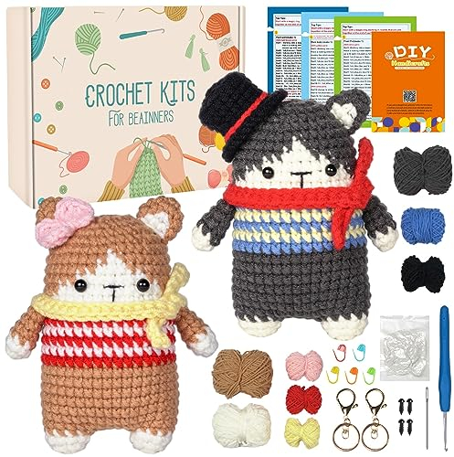 Souarts Komplett Häkelset für Anfänger Tiere Paare Freundschaft, Häckeln Stricken Set mit Anleitung Häkelnadeln Garn, Kreativ Strickset Bastelset für Erwachsene Kinder Geschenk (Braun&Grau Katze)